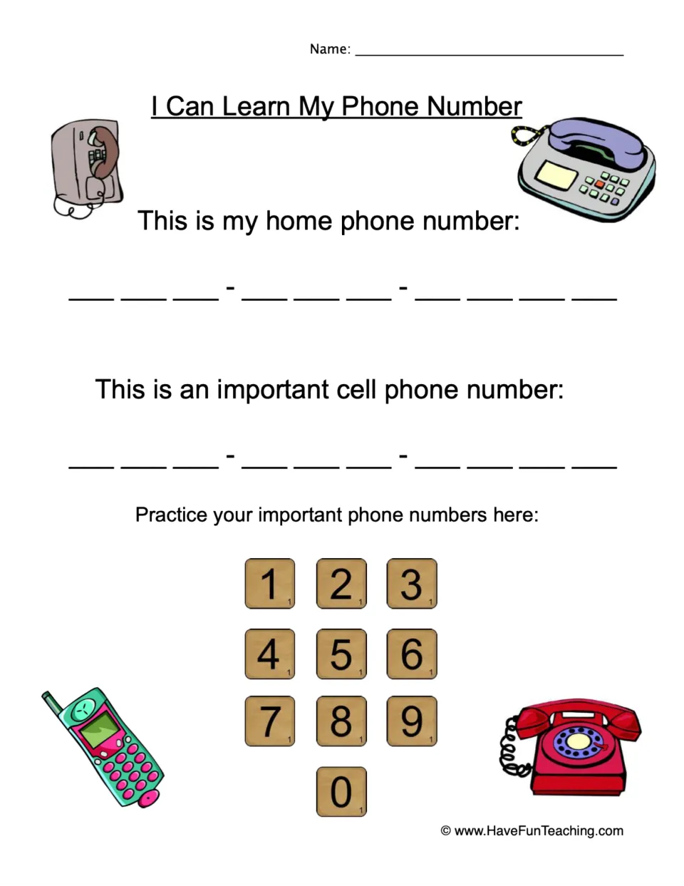 Phone number practice worksheet for recording a home number and an important cell number, with digits 0–9.