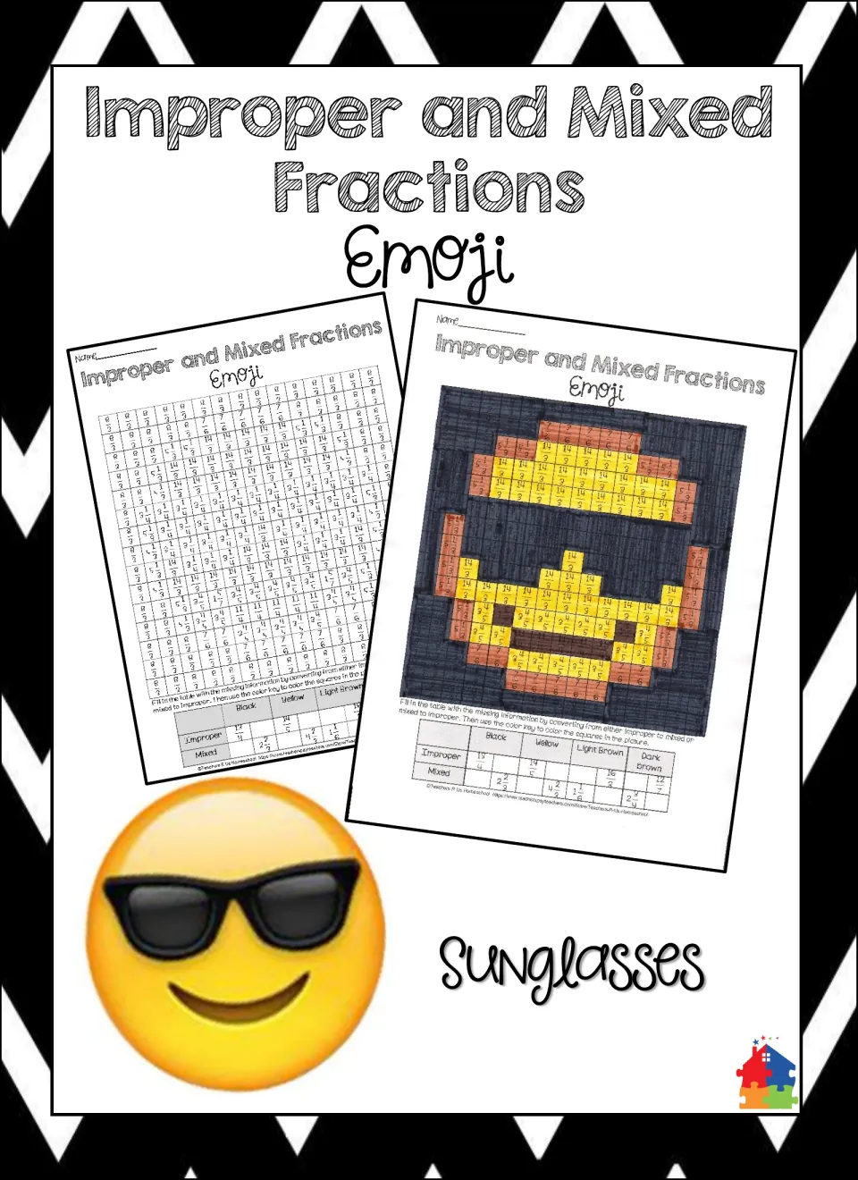 Improper and mixed fractions emoji cover: blank and colored fraction grids beside a smiling sunglasses emoji