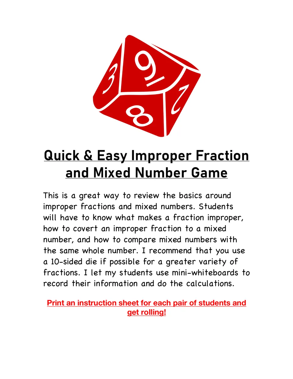 Improper fraction and mixed number game cover with a red 10-sided die and teacher notes on reviewing and comparing