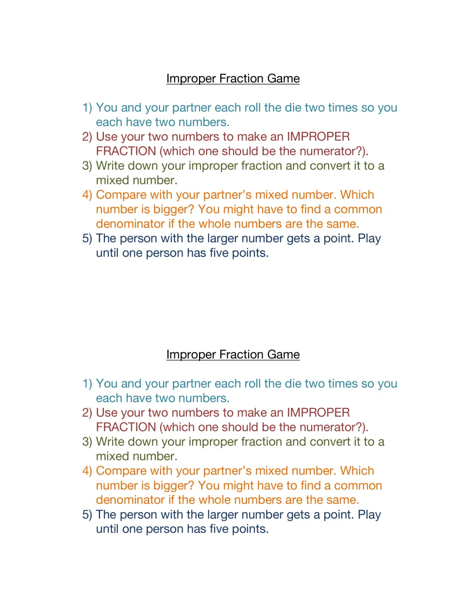 Game rules, two copies: partners roll a die twice, make an improper fraction, convert to a mixed number, compare for points