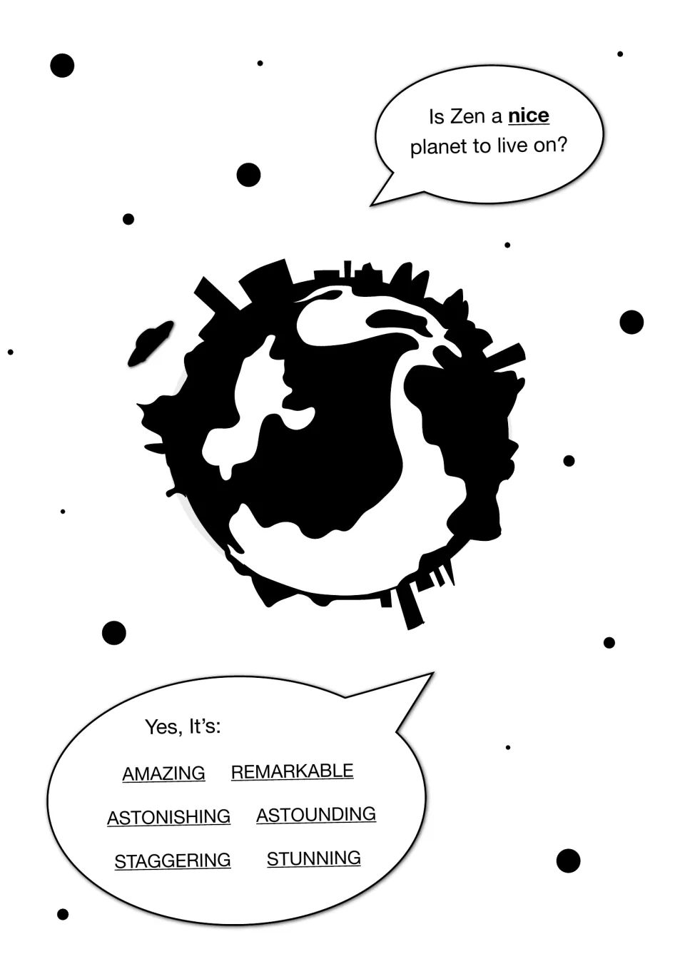 Is Zen a nice planet to live on? Zoggy replaces nice with amazing, remarkable, astonishing, astounding and stunning