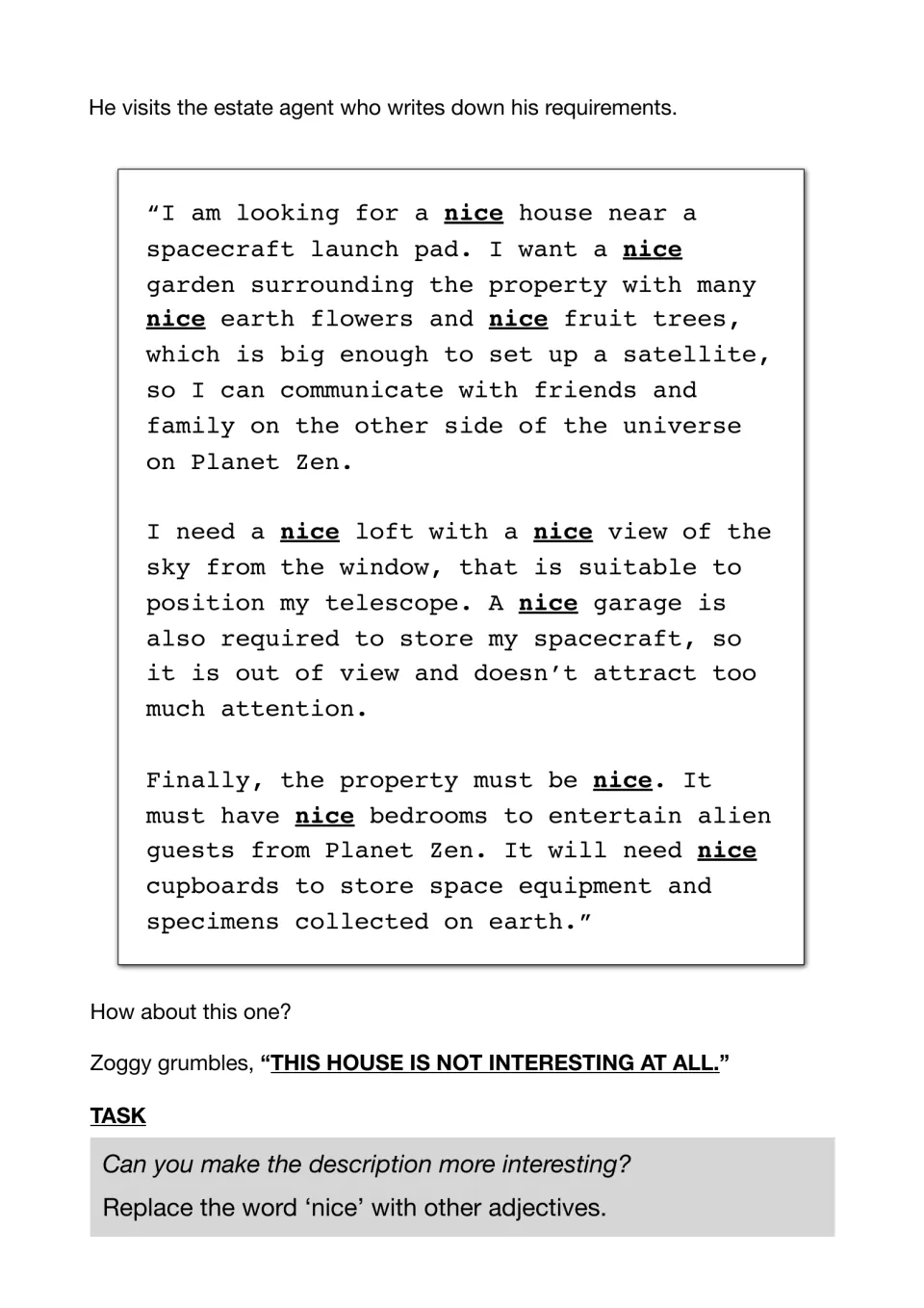 Zoggy's house requirements with 'nice' underlined 10 times; students replace each 'nice' with a stronger adjective