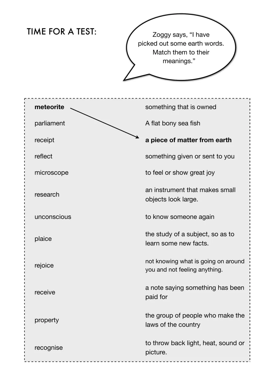 Time for a test: students match 12 words like meteorite, receipt and parliament to their meanings, with one example done