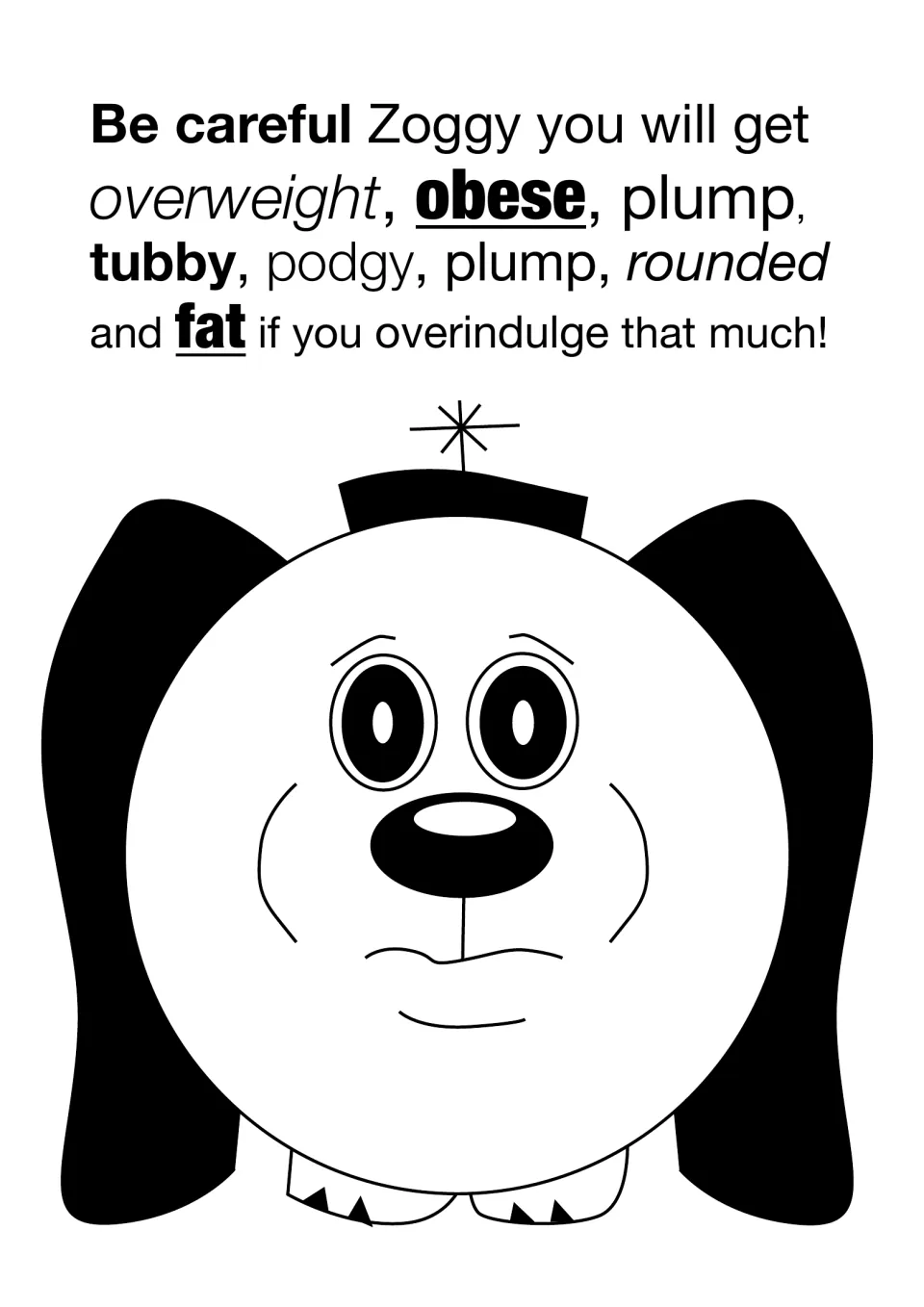 Synonyms for fat: warning to Zoggy lists overweight, plump, tubby, podgy and rounded beside a round cartoon Zoggy
