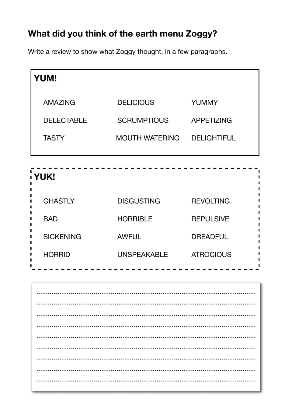 Restaurant review: students write Zoggy's view of the earth menu using YUM! and YUK! adjectives like scrumptious