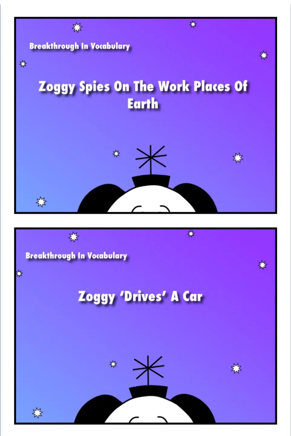 Combined vocabulary packet cover introducing Zoggy's stories about Earth's work places and driving a car