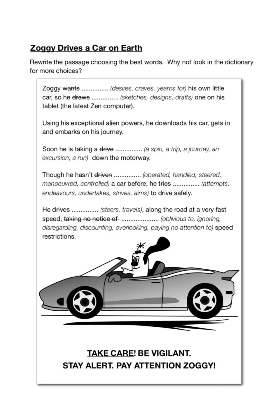 Car story exercise begins with word choices replacing 'wants,' 'draws,' 'drive,' and other everyday expressions