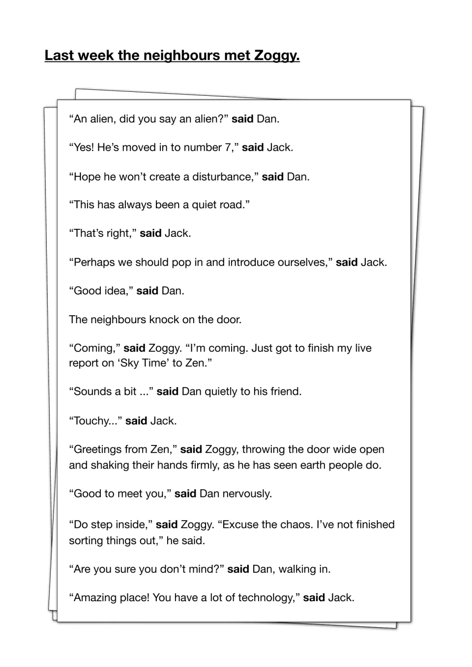 Story opening: neighbours Dan and Jack meet the alien Zoggy in a dialogue that uses the bold word 'said' over and over