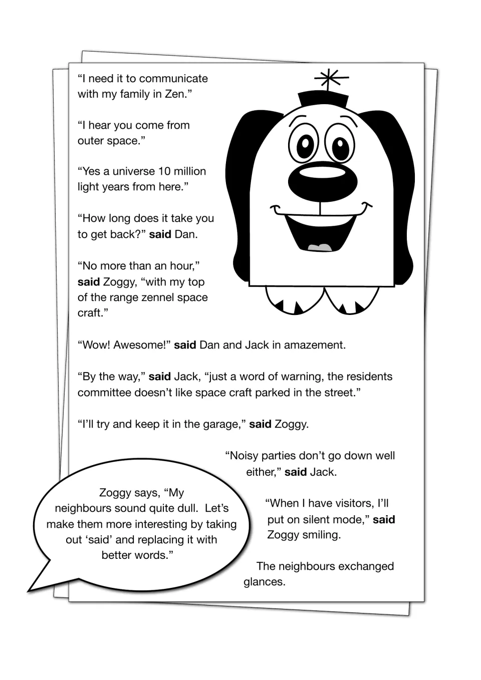 Story continues as Zoggy talks of Zen and his space craft; his speech bubble says to replace 'said' with better words