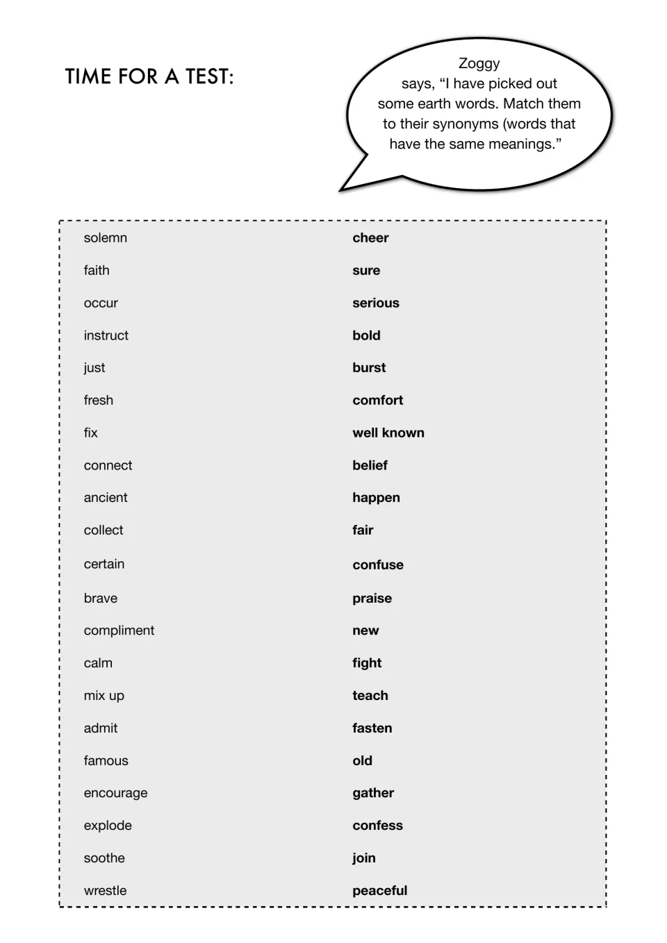 Synonym matching test: students pair 21 words, such as solemn and soothe, with synonyms like serious and comfort
