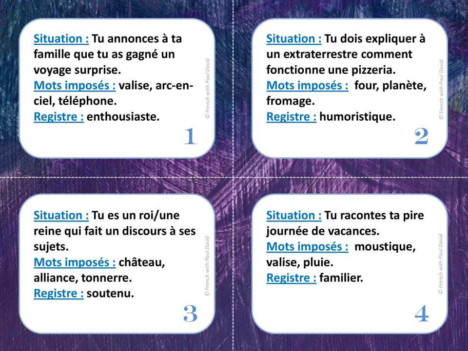 French improv task cards 1-4: students speak on a situation like a surprise trip, using 3 imposed words and a set register