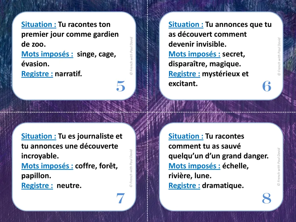Oral improv cards 5-8 in French: zookeeper, invisibility, journalist and rescue scenarios, each with set words and tone