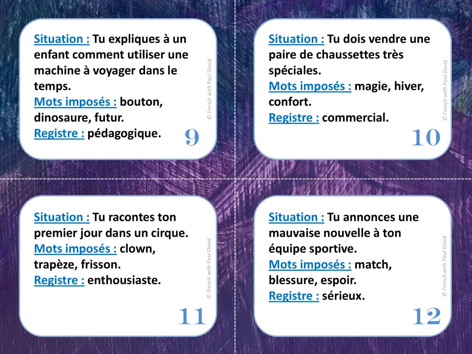 Speaking cards 9-12: explain a time machine, sell special socks, tell of a circus day, break bad news, in a given register