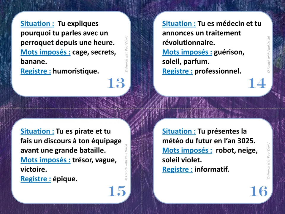 Cards 13-16 for spoken French: parrot chat, doctor's new treatment, pirate speech and weather in 3025, with imposed words