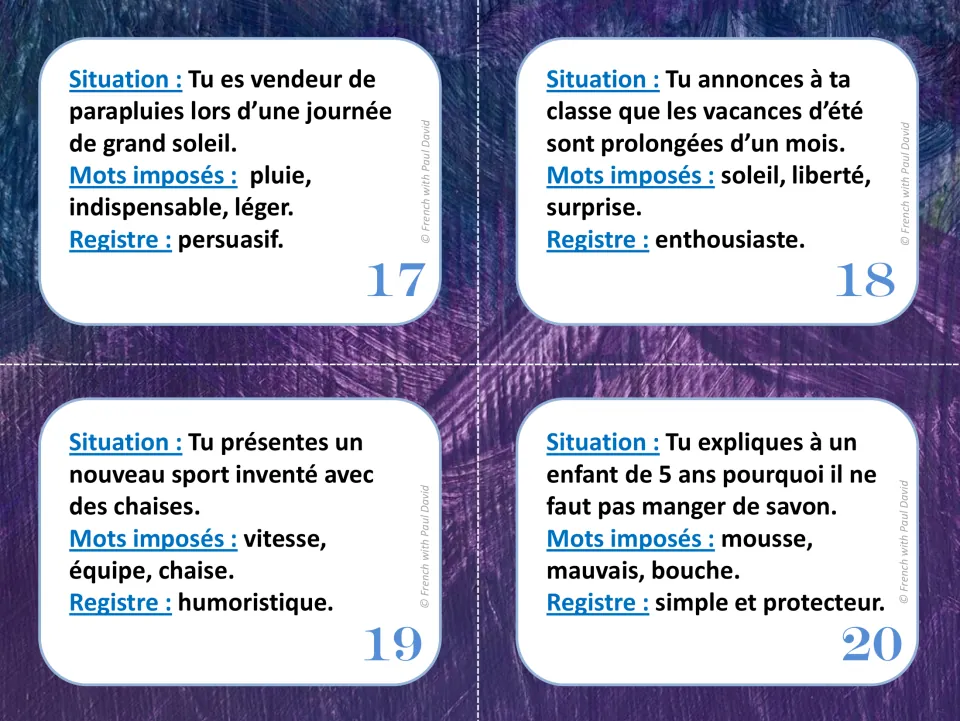 Improv cards 17-20: students sell umbrellas on a sunny day, announce longer holidays, invent a chair sport, warn about soap