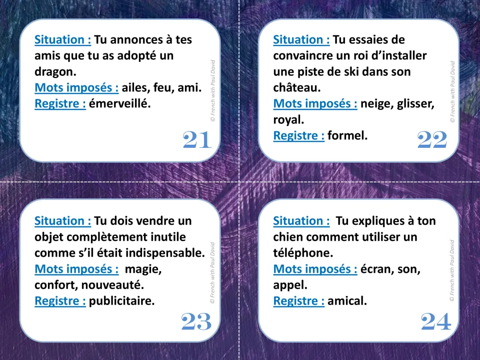 French speaking prompts 21-24: adopting a dragon, a ski slope in a castle, selling a useless object, teaching a dog to phone