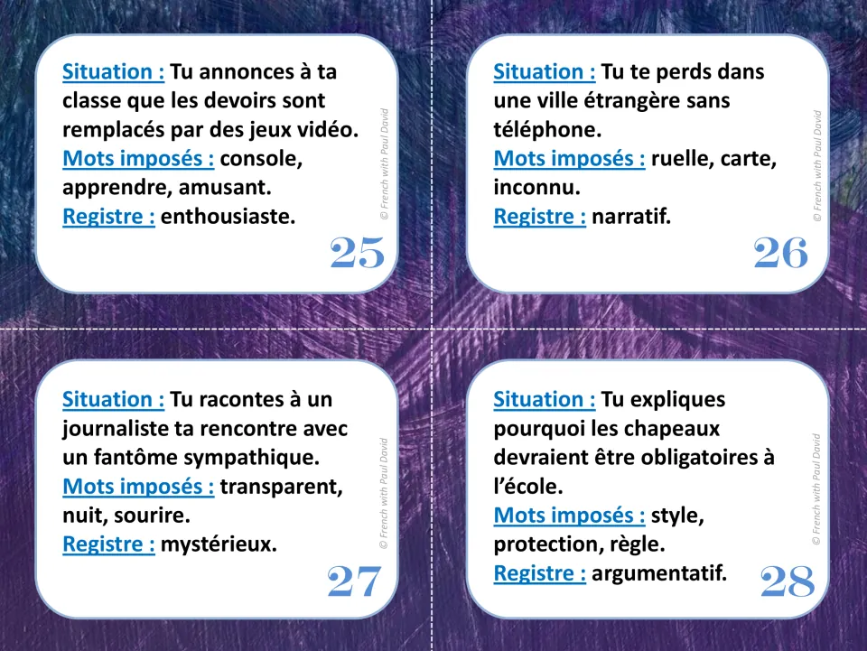Cards 25-28: video games replace homework, lost abroad, a friendly ghost, hats at school; argue or narrate with set words