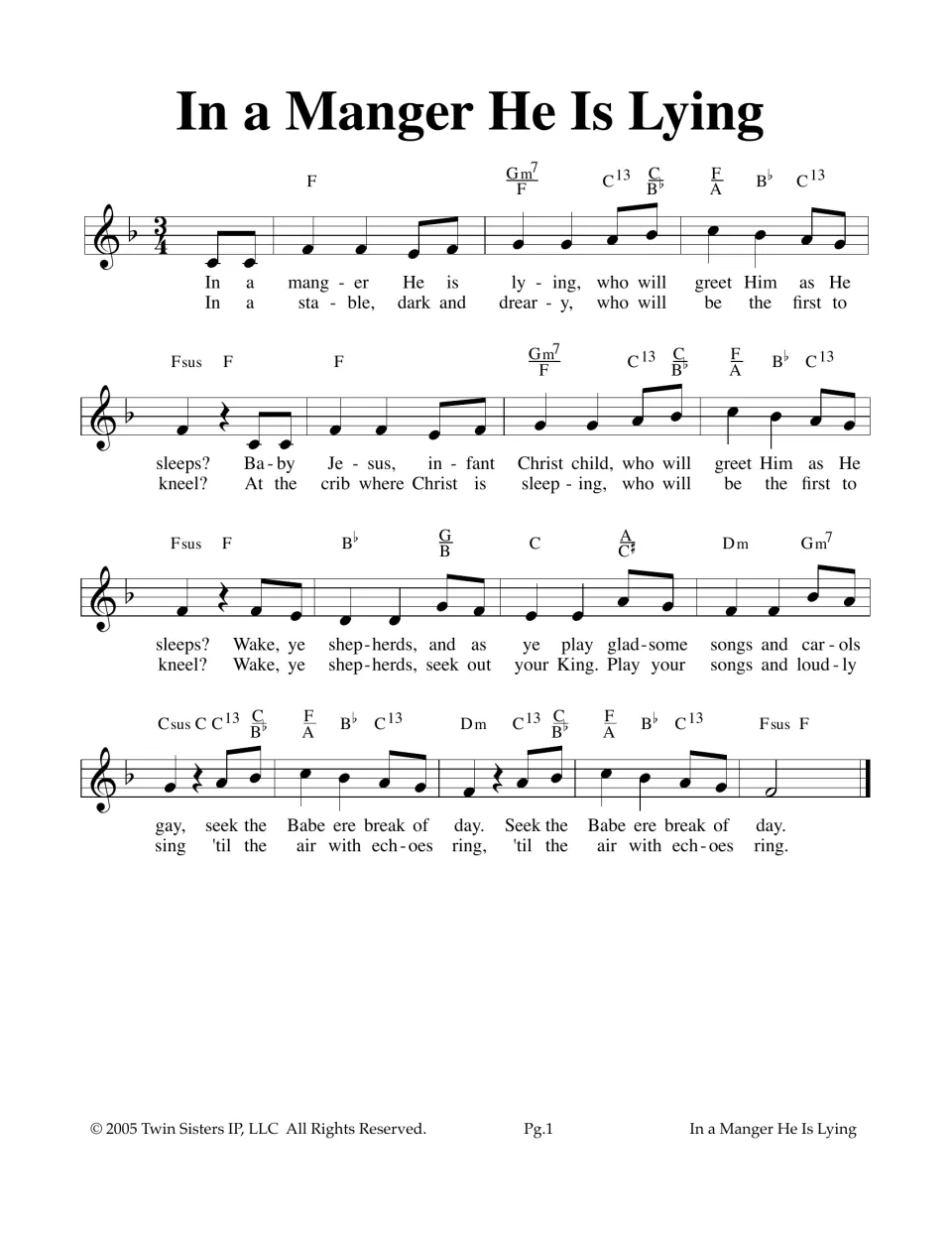 In a Manger He Is Lying lead sheet: F major melody in 3/4 with chord symbols and two verses of lyrics to sing