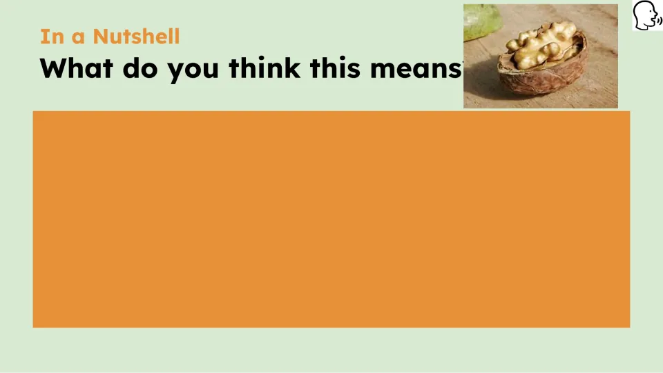 Opening lesson prompt asks what “in a nutshell” means, using a walnut photograph as a clue to the expression