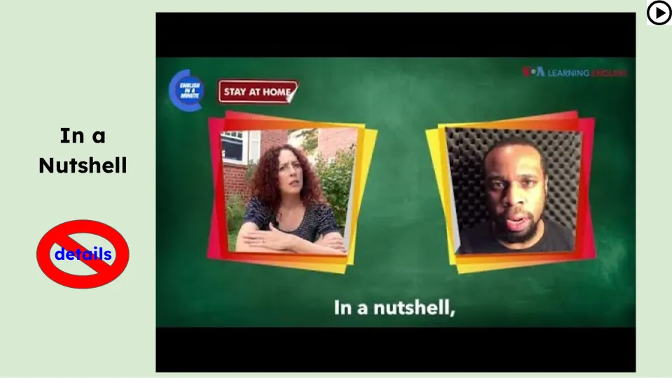 Video lesson slide introduces “in a nutshell” through an English in a Minute clip and a crossed-out “details”