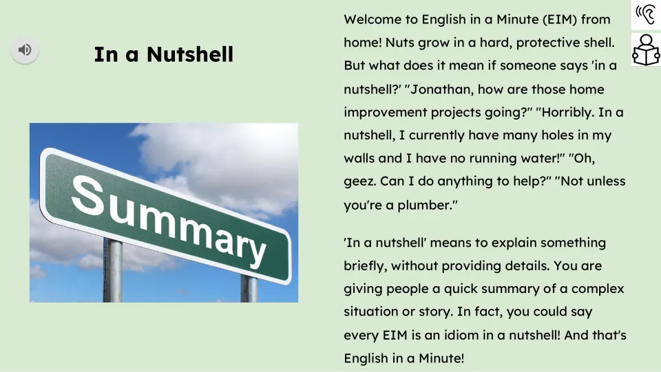 Reading passage explains “in a nutshell” as a brief summary, using a conversation about home improvement