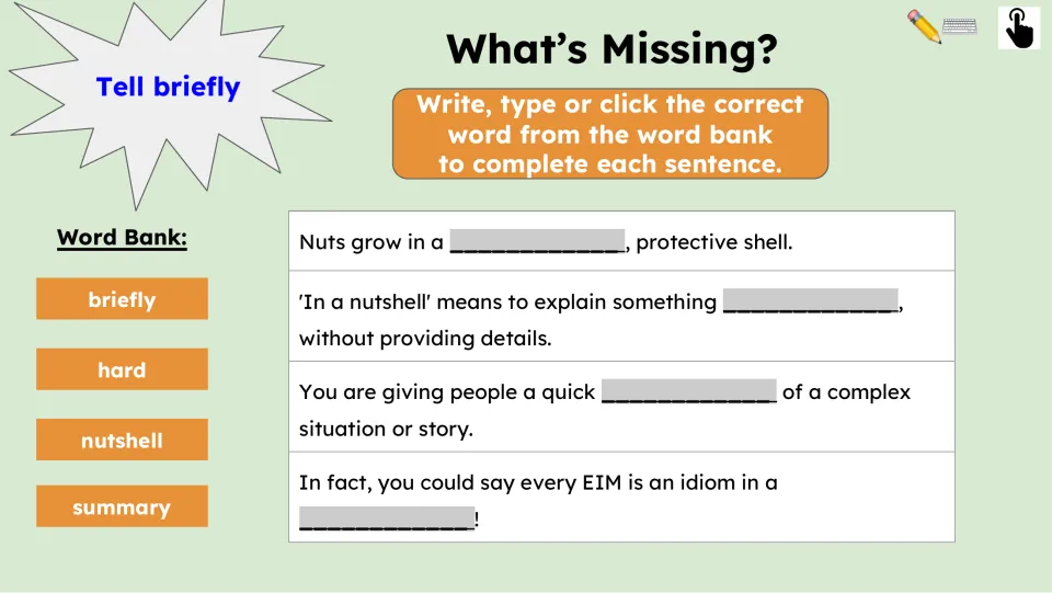 Fill-in-the-blank activity reviews four passage sentences using “briefly,” “hard,” “nutshell,” and “summary”