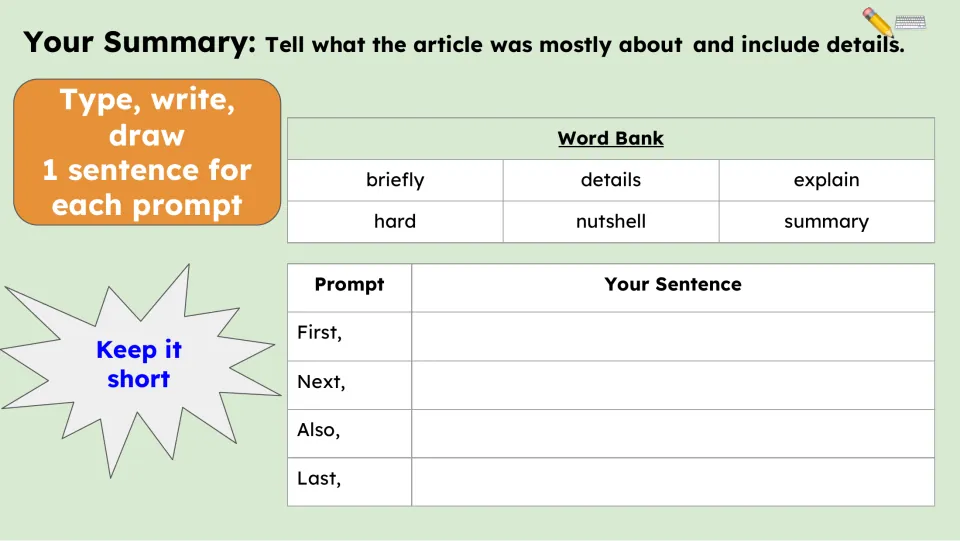 Summary writing activity asks for one sentence each after “First,” “Next,” “Also,” and “Last,” using a word bank