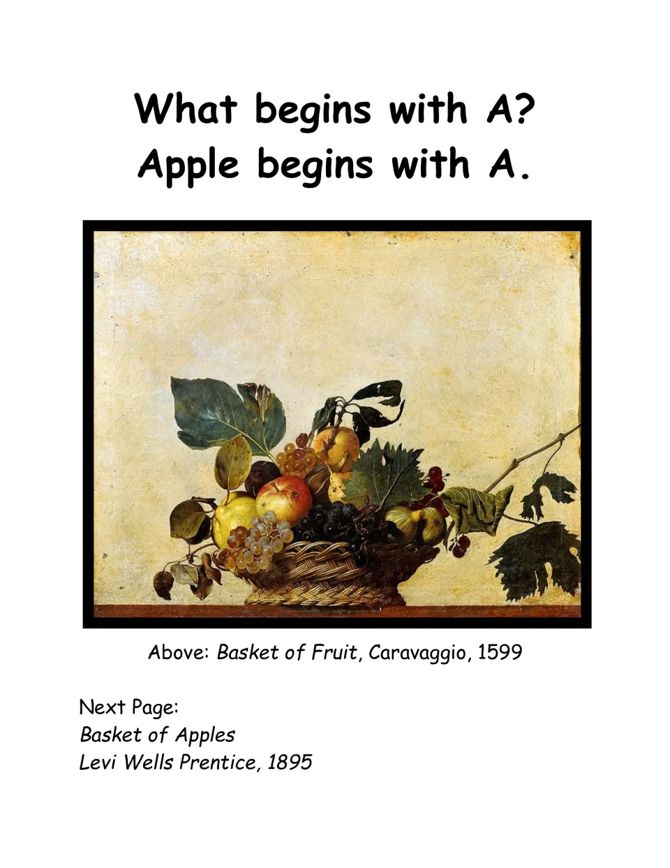 Letter A art page says “Apple begins with A” and presents Basket of Fruit by Caravaggio, dated 1599