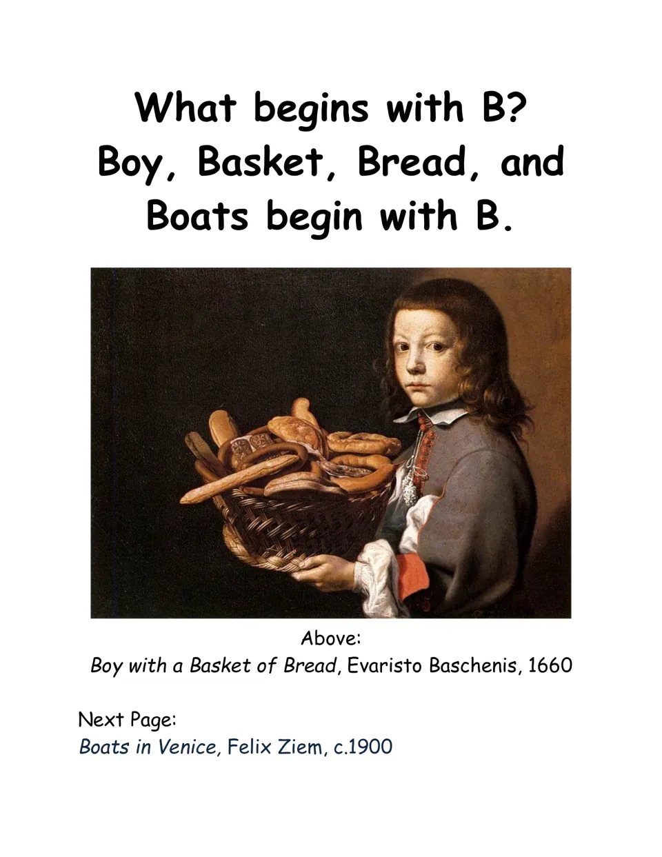 Letter B art page names boy, basket, bread, and boats and shows Boy with a Basket of Bread by Evaristo Baschenis