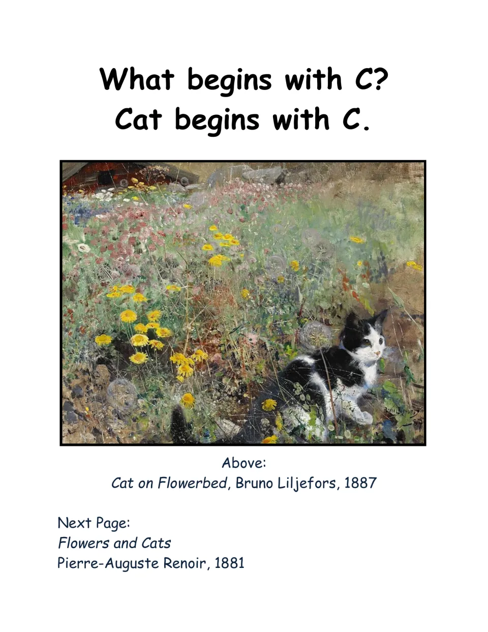 Letter C art page says “Cat begins with C” and presents Cat on Flowerbed by Bruno Liljefors, dated 1887