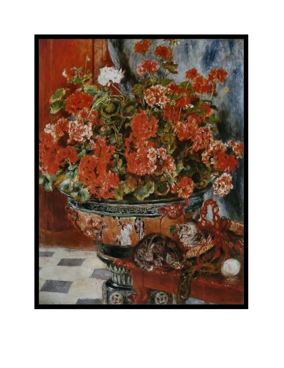 Second letter C painting in the alphabet art book shows cats beside a large container of red and white flowers