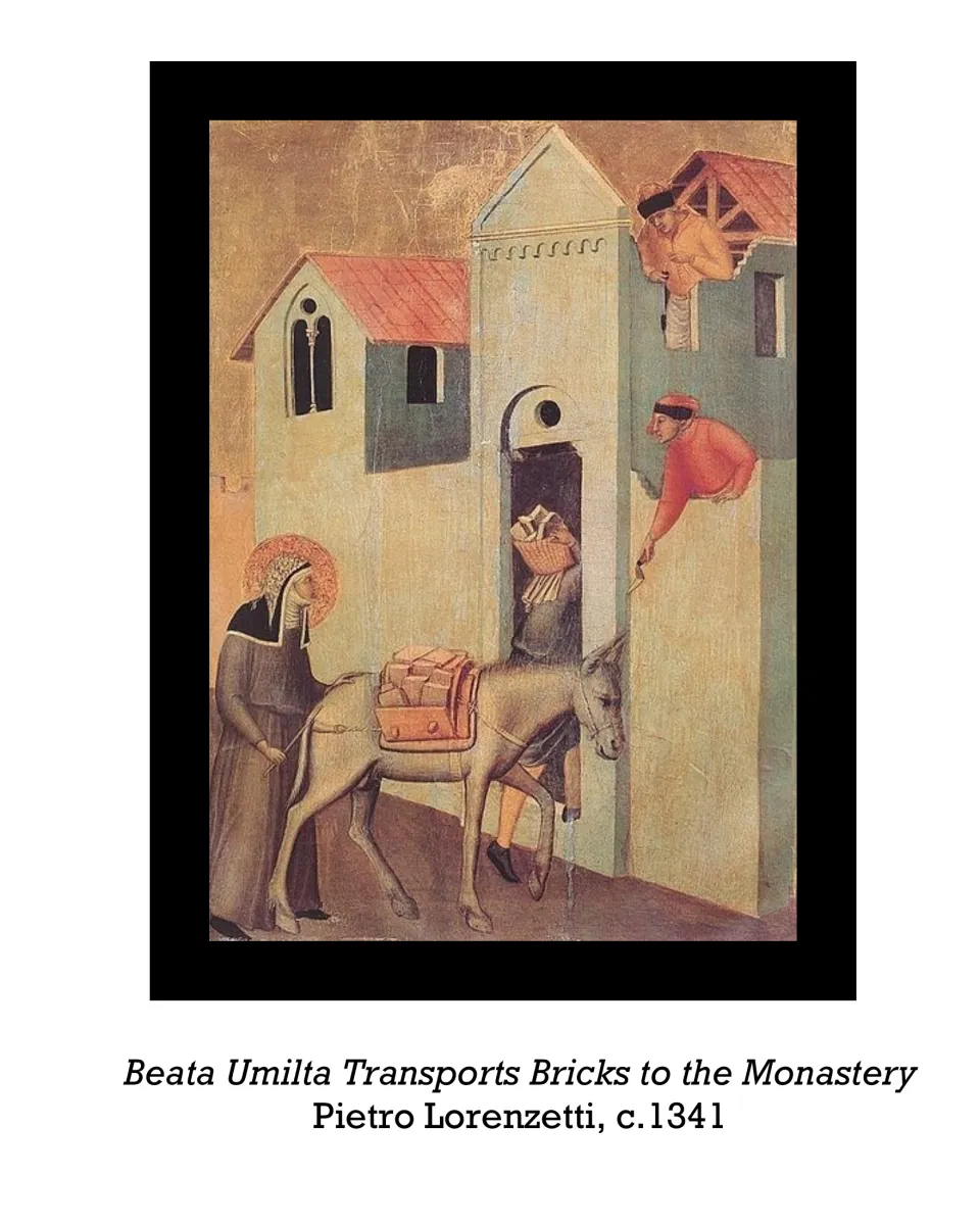 Animal art selection: Pietro Lorenzetti's Beata Umilta Transports Bricks to the Monastery, showing a donkey