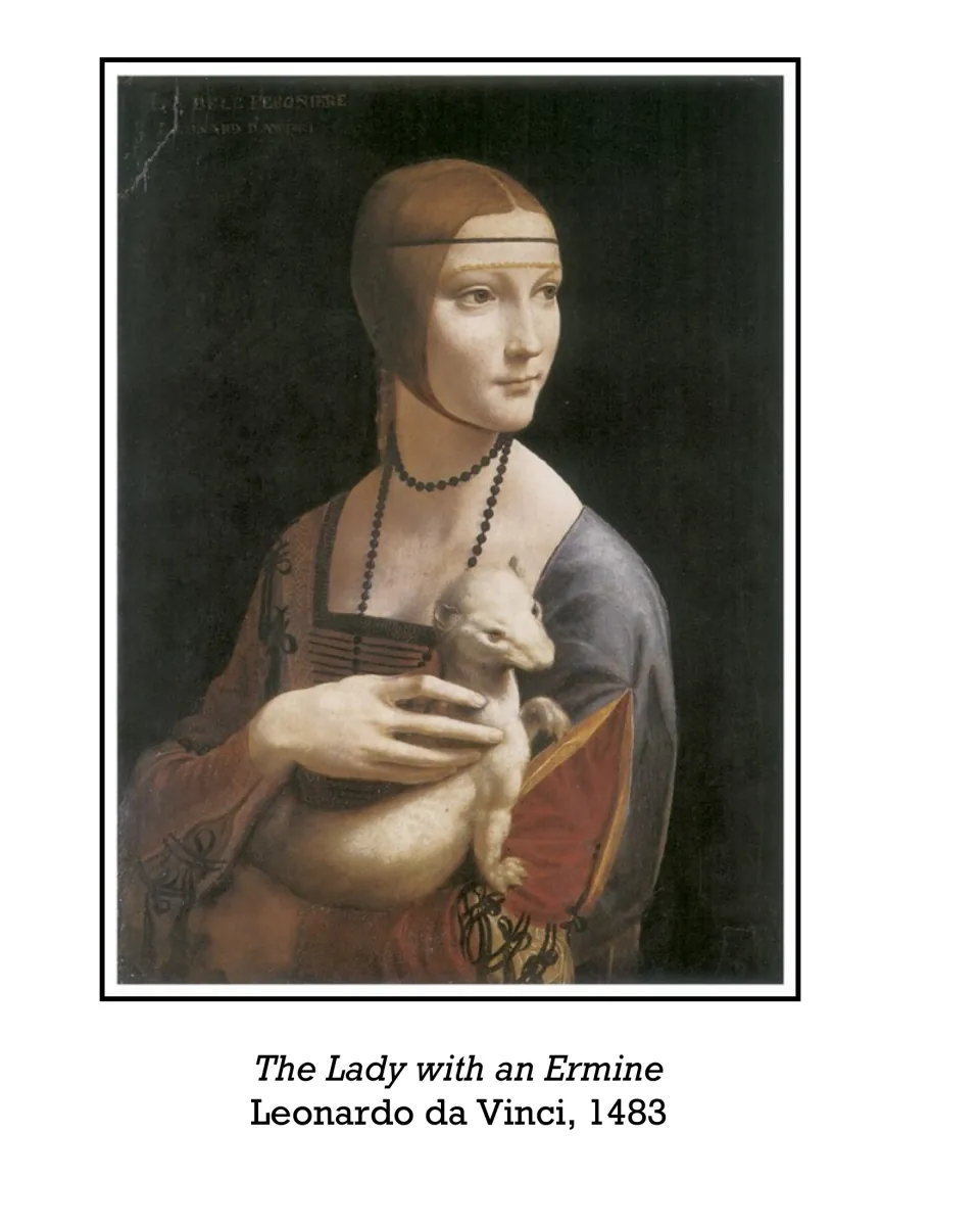 Animal art selection: The Lady with an Ermine by Leonardo da Vinci, depicting a woman holding an ermine