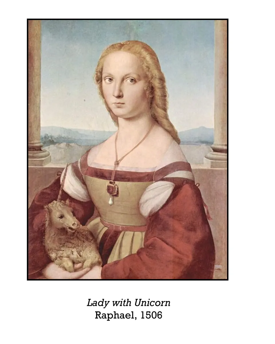 Animal art selection: Lady with Unicorn by Raphael, dated 1506, depicting a woman holding a small unicorn