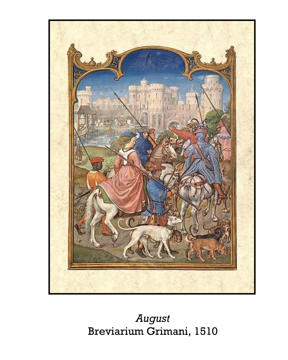 Animal art selection: August from Breviarium Grimani, dated 1510, showing horses and dogs near a castle