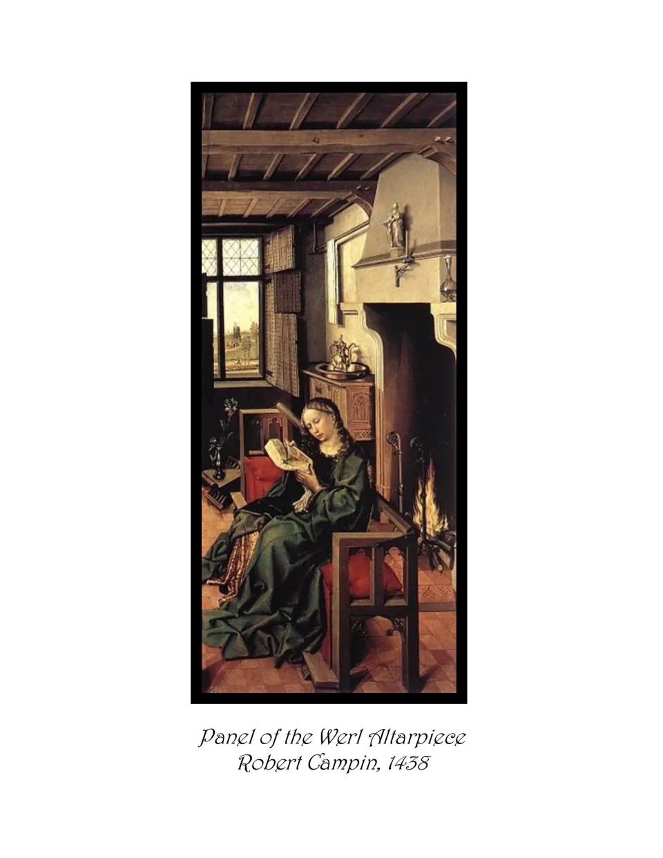 Art ebook painting page: Panel of the Werl Altarpiece by Robert Campin, 1438, shows a woman reading