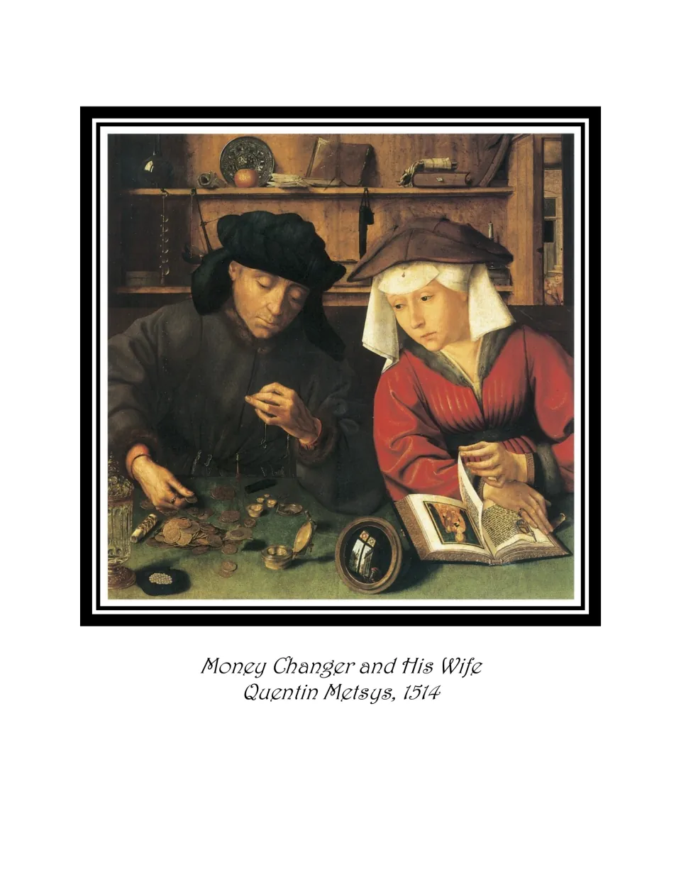 Art ebook painting page: Money Changer and His Wife by Quentin Metsys, 1514, shows coins and an open book