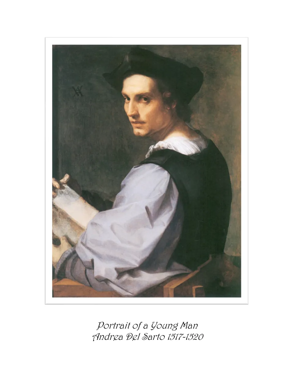 Art ebook painting page: Portrait of a Young Man by Andrea Del Sarto, 1517–1520, shows a seated book holder