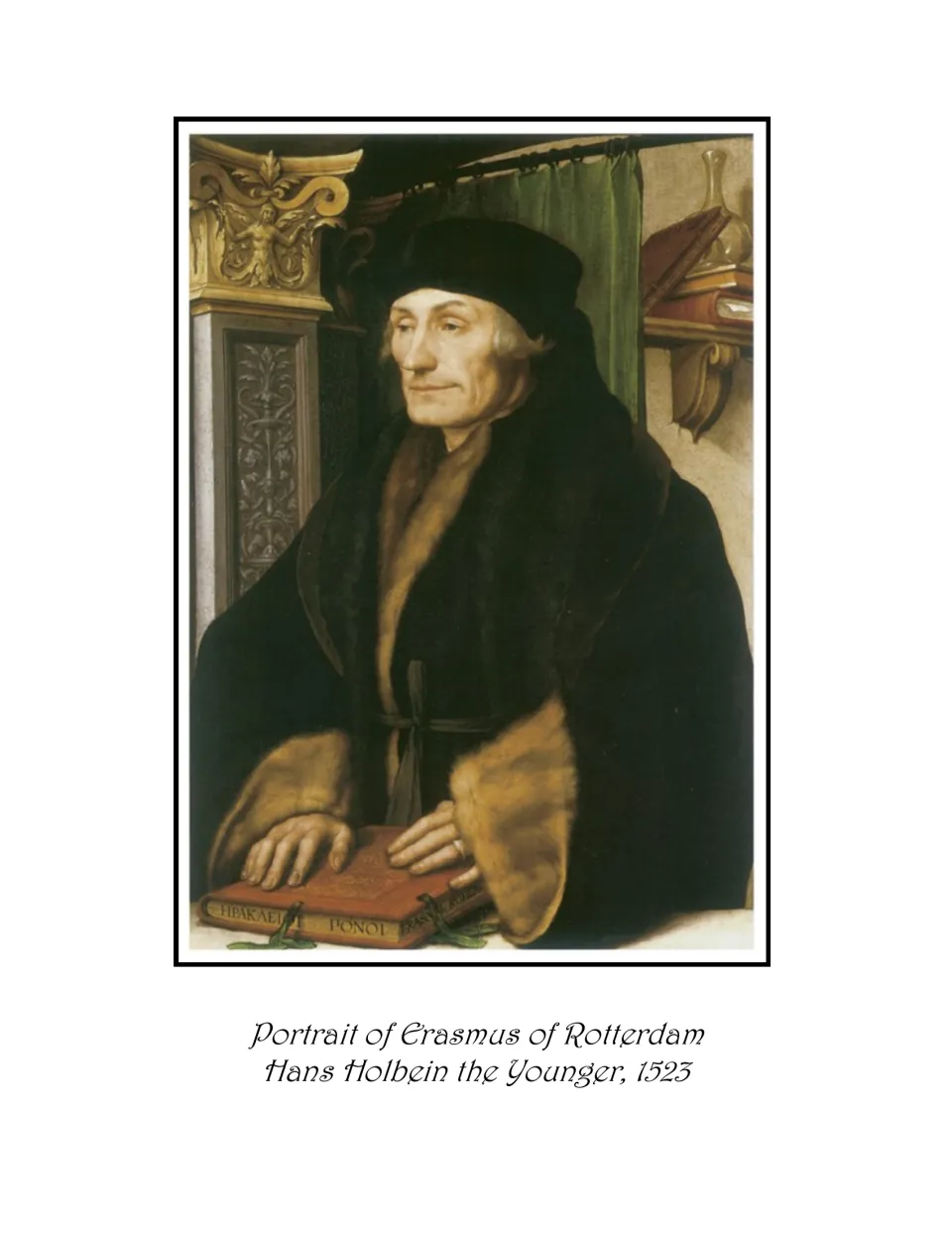 Art ebook painting page: Portrait of Erasmus of Rotterdam by Hans Holbein the Younger, 1523, includes a book
