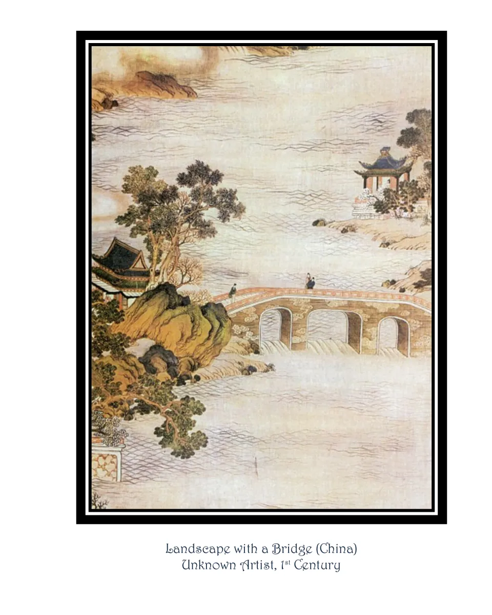Bridge art picture page: Landscape with a Bridge (China), showing a stone bridge, trees, and waterside buildings