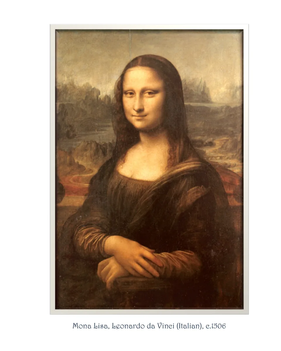 Bridge art picture page featuring Leonardo da Vinci's Mona Lisa, with a small bridge in the background