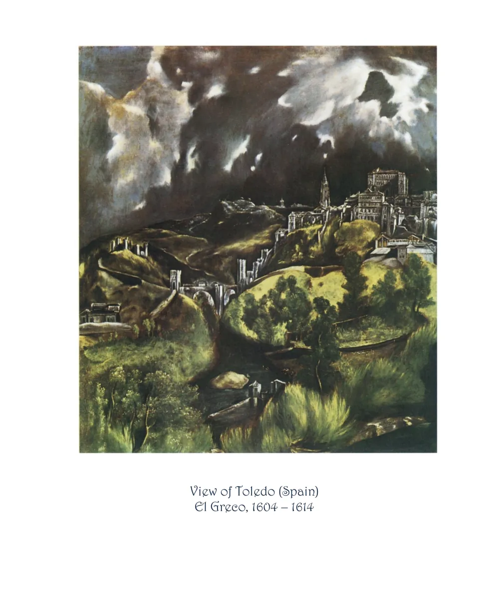 Bridge art picture page featuring El Greco's View of Toledo, with a bridge beneath the hillside city