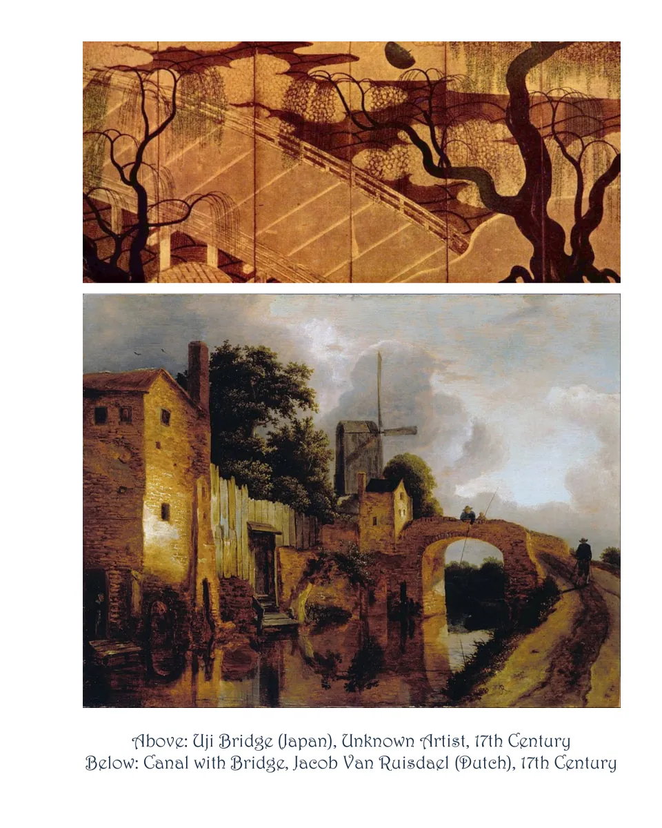 Bridge art picture page pairing Uji Bridge in Japan with Canal with Bridge by Dutch artist Jacob Van Ruisdael