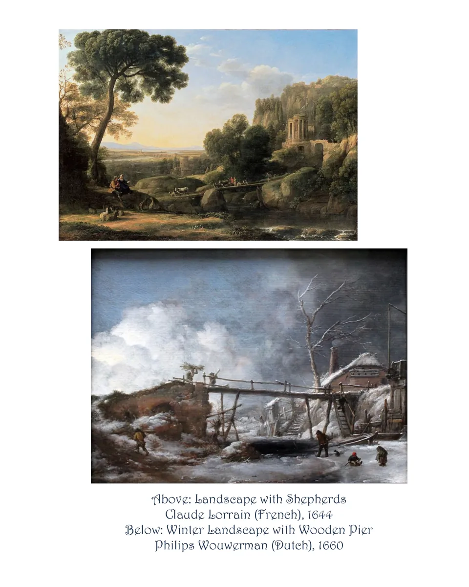Bridge art picture page pairing Landscape with Shepherds with Winter Landscape with Wooden Pier