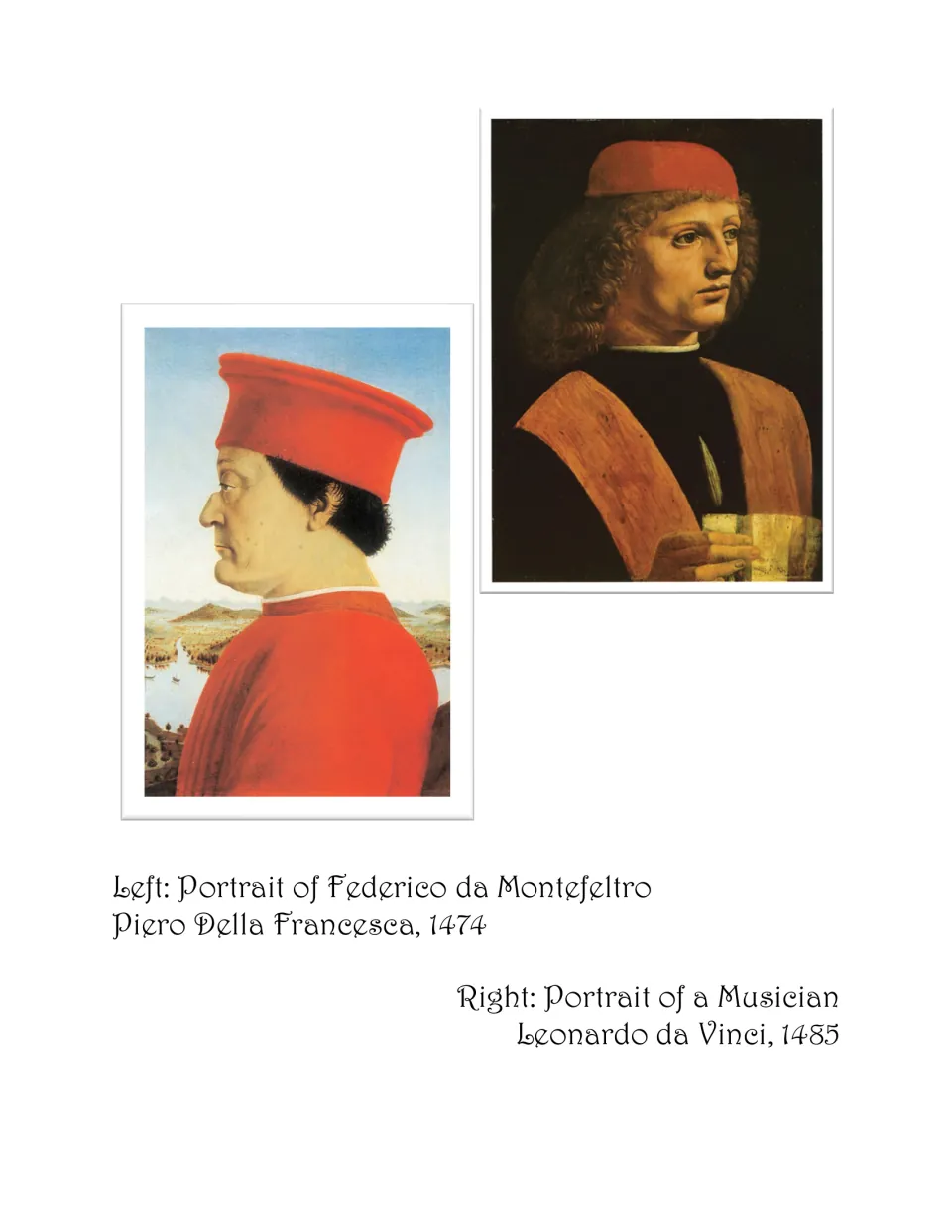 Hats art book portraits show Federico da Montefeltro and a musician by Leonardo da Vinci wearing red caps
