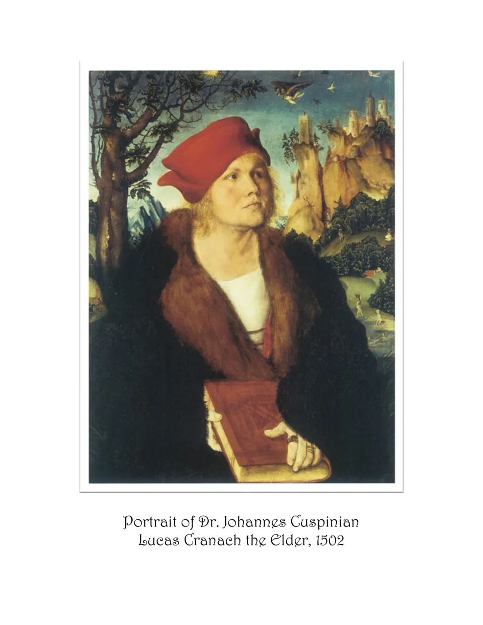 Hats art book portrait shows Dr. Johannes Cuspinian wearing a red hat, by Lucas Cranach the Elder, 1502