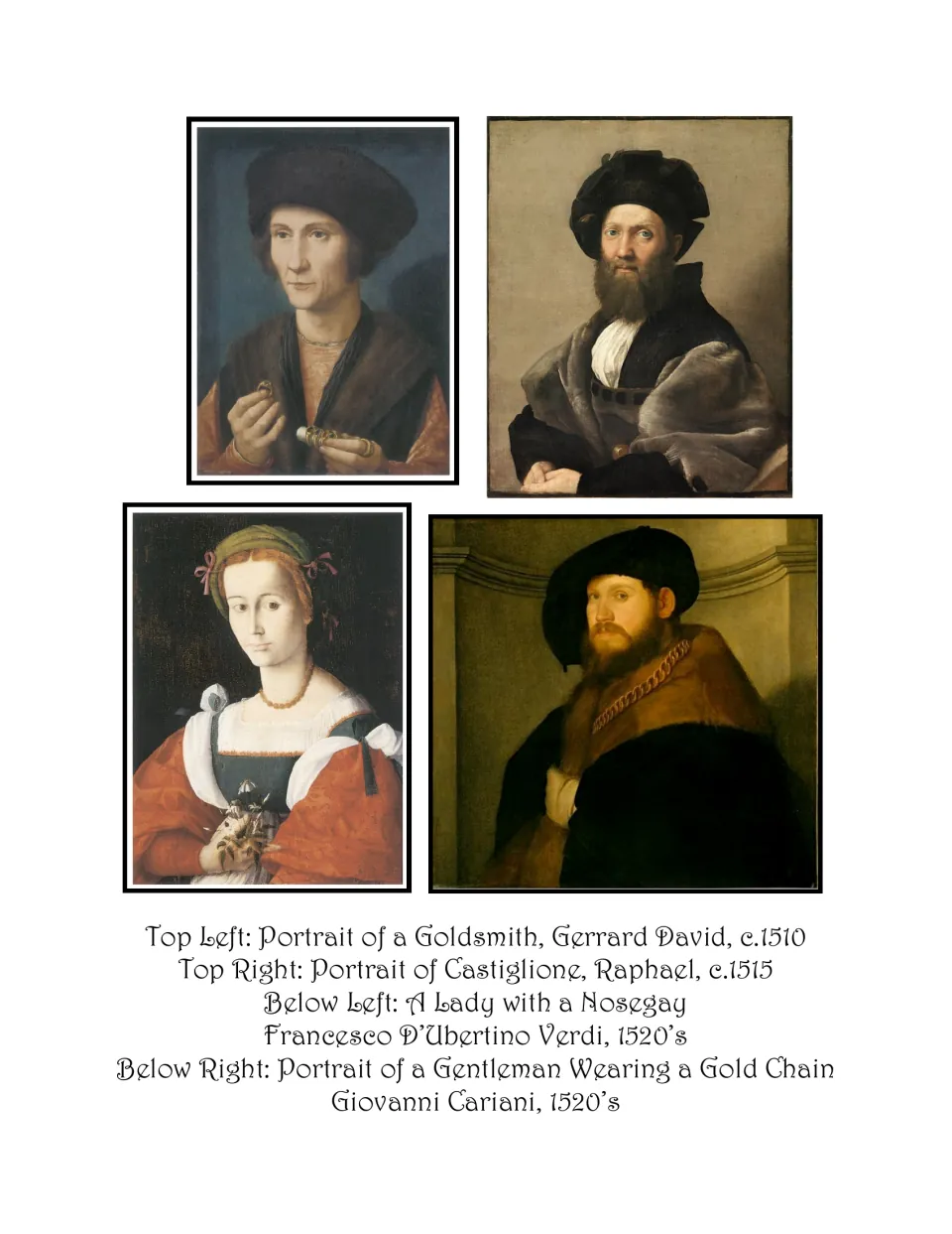 Hats art book portraits show a goldsmith, Castiglione, a lady with a nosegay, and a gentleman with a gold chain