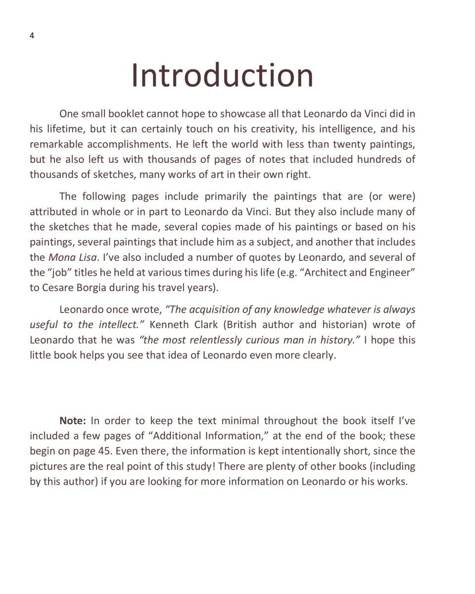 Introduction to the Leonardo eBook explains its paintings, sketches, quotations, and additional information