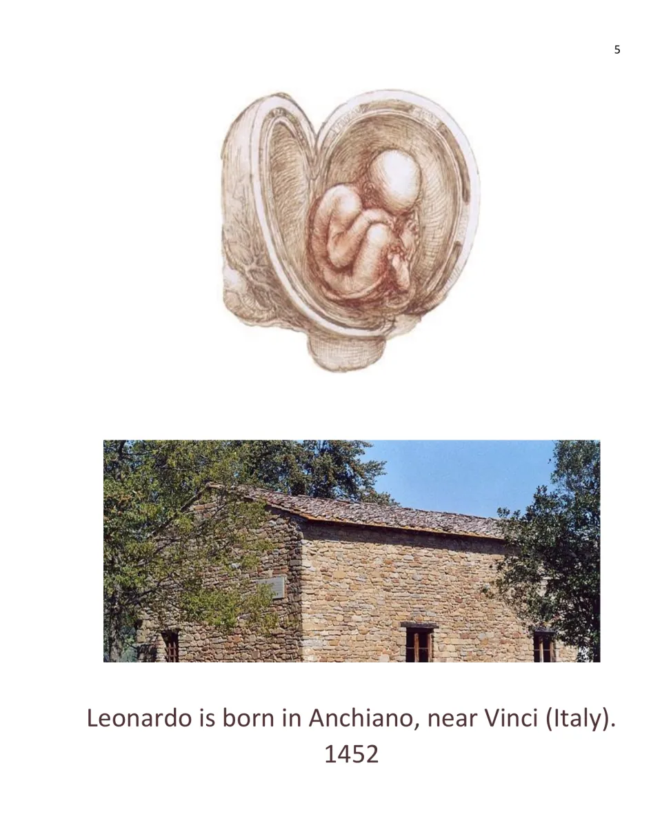 Leonardo’s birth in 1452 introduces his life story, with a fetal sketch and a photograph of a stone house