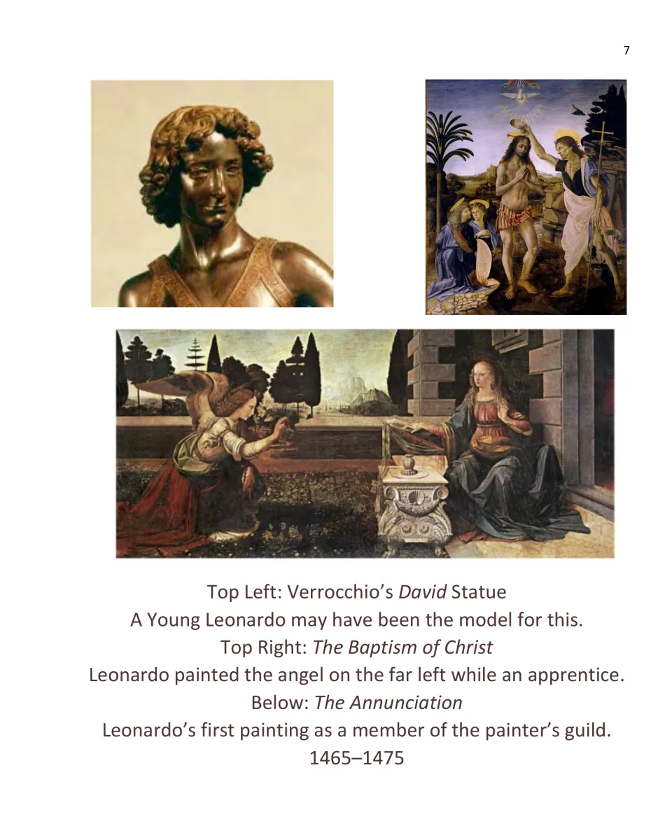 Early career art page shows Verrocchio’s David, The Baptism of Christ, and The Annunciation, dated 1465–1475